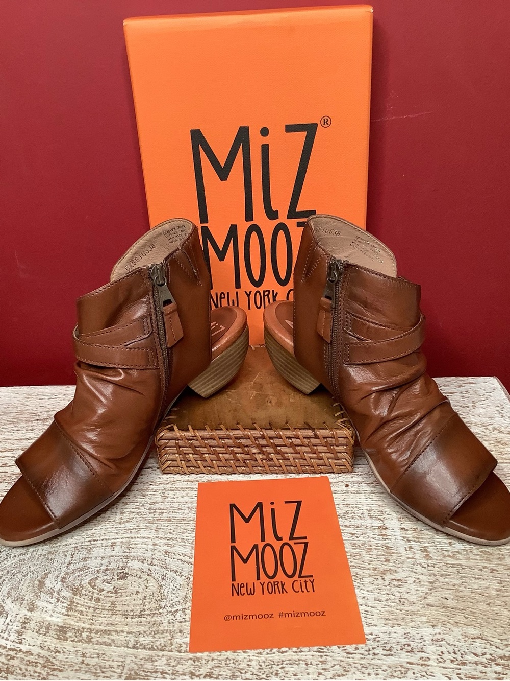 Miz Mooz Cassius Brandy Ruched Leather Adjustable Buckles Block Heel Sandals